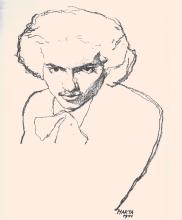 Hugo Sonnenschein. Zeichnung von Felix Albrecht Harta (1884–1967) in Hugo Sonnenschein: Geuse Einsam von unterwegs. Gesichte / Erfahrungen / Ahnungen / Erkenntnisse: Lyrik von Hugo Sonnenschein. (Geschrieben: Juni 1910 – Jänner 1912. Mit einer Porträtskizze des Dichters von F. A. Harta / Wien 1911.) Wien – Leipzig: Adria Verlag 1912