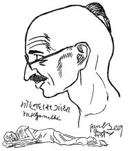 Mohandas Karamchand Gandhi, Zeichnung von Paul Beer (1900–1931) in: Arbeiterzeitung (Wien) vom 26. Februar 1931, S. 5