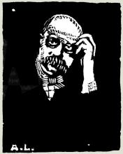 Peter Altenberg. Holzschnitt von Agathe Löwe (1888–1966) in: Ver! (Wien), [3]. Jg., H. 33 (Februar 1921), S. 7.